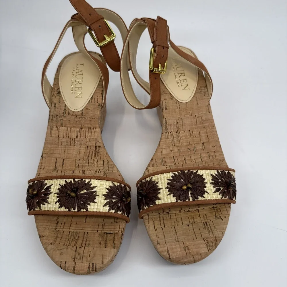 Women's LAUREN Ralph Lauren Odelia Ankle Strap Cork Wedge Sandals Shoes Size 6.5